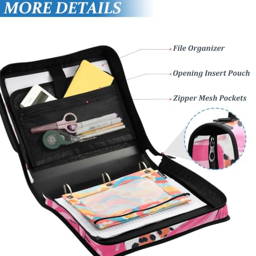 3 Ring Zipper Binder with Shoulder Strap Pink Bow Leopard Print 1.5 inch Binders Keeper Large Capacity Multi Pockets for School Office Supplies - color: Multi399, size: Fit 500 Sheets