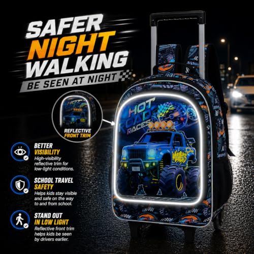 CCJPX 3Pcs Truck Rolling Backpack for Boys, 18" Kids Wheeled Bookbag with Lunch Box, Lightweight Roller School Bag for Elementary Preschool(Black) - color: Blue Truck