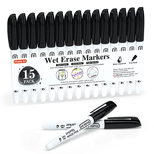 Shuttle Art Wet Erase Markers, 15 Pack Black 1mm Fine Tip Smudge-Free Markers, Use on Laminated Calendars,Overhead Projectors,Schedules,Whiteboards,Transparencies,Glass,Wipe with Water - color: Black