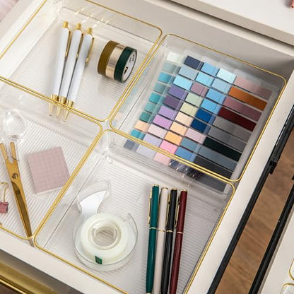 Martha Stewart Kerry Plastic Stackable Office Desk Drawer Organizers, 6" x 6", 4 Pack, with Gold Trim - size: 6" x 6"