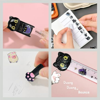 10Pcs Black Cute Cat Stationery Set Cat School Supplies Kawaii Japanese Stationery Birthday GIFS Including Pens Pencil Sharpener Highlighter Eraser Correction Tape Ruler for Office School Supplies - style: black kawaii cat