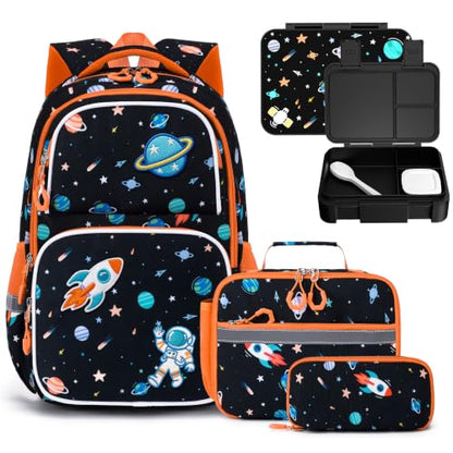 Kids Backpack for Boys 4-8, Cute 3D Embroidered Space Toddler Backpack with 34oz Lunch Box, Insulated Bag, Pen Case & Utensils, School Bookbag for Preschool Kindergarten Elementary Student - color: Space