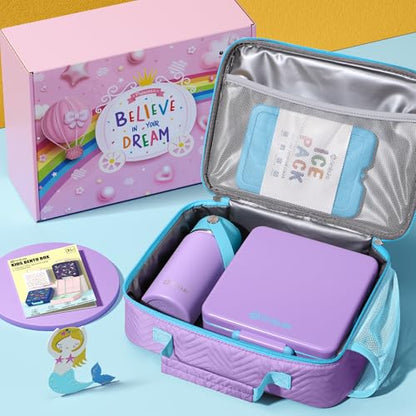 Fimibuke Kids Bento Lunch Box with 4 Compartments, Insulated lunch Bag, Stainless Steel Insulated Water Bottle, Ice Pack & Utensils Set, Birthday Gifts for Ages 3-12 Back to School Toddler Girls Boys - color: A9. Cotton Candy