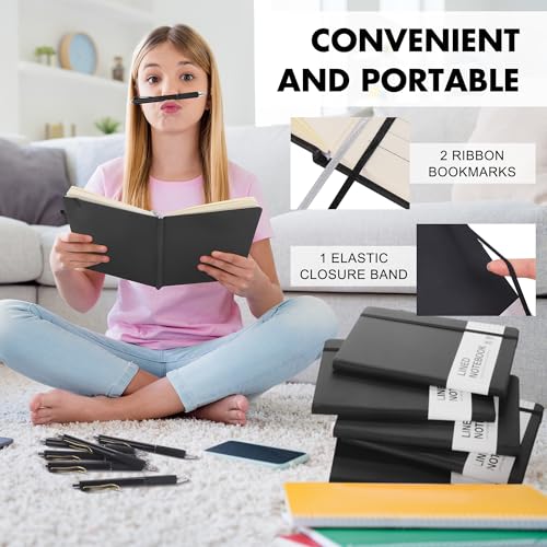 Aodaer 12 Set Lined Notebook Journals with Pens A5 Notebooks 100 GSM College Ruled Hardcover Notebook PU Leather Notepad with Pen Holder for Office School, 5.7 x 8.3 Inches, Black - color: Black