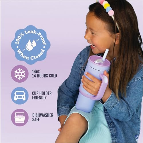 Ello Oasis 14oz Stainless Steel Toddler Tumbler with Handle & Retracting Straw, 100% Leakproof, Double-Wall Vacuum Insulated, Kids Water Bottle for School, BPA Free, Dishwasher Safe, Lavender Fields - color: Lavender Fields, size: 14 Ounces
