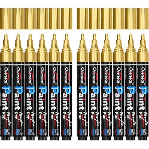 Overseas Gold Paint Pens - Permanent Acrylic Paint Markers 12 Pack, Water-Based, Quick Dry, Waterproof Marker Pen for Rock, Wood, Plastic, Metal, Canvas, Glass, Fabric, Card, Mugs. Medium Tip - color: Gold