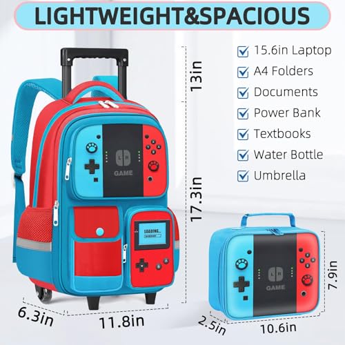TILYTADLY Kids Rolling Backpack for Boys - 3PCS Gamer Boys Rolling Backpack with Lunch Box Set, Wheeled Travel Bookbag for Elementary Middle School, Lightweight Roller School Bag - color: red-blue-Backpack set