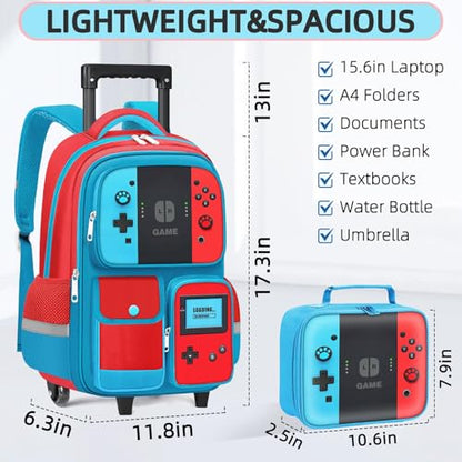 TILYTADLY Kids Rolling Backpack for Boys - 3PCS Gamer Boys Rolling Backpack with Lunch Box Set, Wheeled Travel Bookbag for Elementary Middle School, Lightweight Roller School Bag - color: red-blue-Backpack set