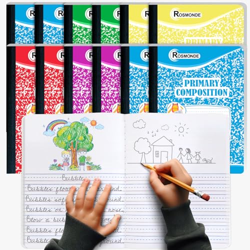 Rosmonde 12 Pack Primary Composition Notebook, 200 Pages (100 Sheets), Drawing and Writing Primary Journal, Grades K-2, With Header For Drawing, Hard Cover, Assorted Marble, Colors May Repeat - size: 12 Pack