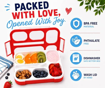 kinsho Bento Box Kids Lunch-Box, Snack Containers for Toddler Daycare, Leakproof School Bentobox 6 Compartment Container for Boys Girls Adults Lunches, Utensils, Red - color: Red