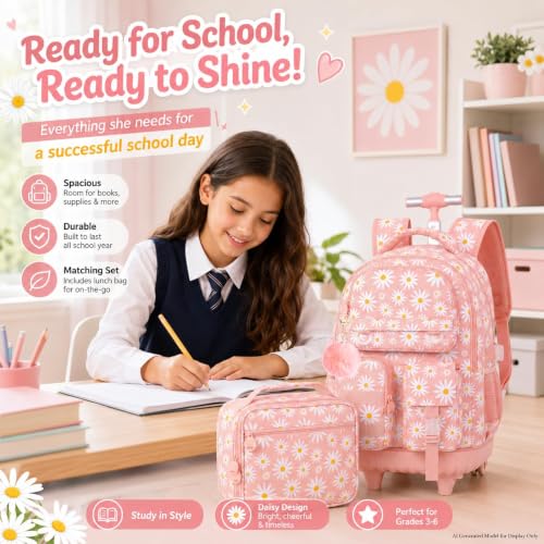 WZLVO 3PCS Rolling Backpack for Girls, Water Resistance Roller Bookbag, Women Aesthetic Wheeled School Bag Set with Lunch Bag & Pencil Bag for Teens & Kids - Pink Chrysanthemum - color: 3pcs Girls Rolling Backpack - Pink Chrysanthemum