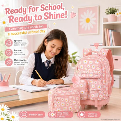 WZLVO 3PCS Rolling Backpack for Girls, Water Resistance Roller Bookbag, Women Aesthetic Wheeled School Bag Set with Lunch Bag & Pencil Bag for Teens & Kids - Pink Chrysanthemum - color: 3pcs Girls Rolling Backpack - Pink Chrysanthemum
