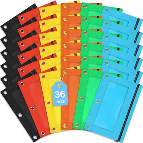 SpringFlower 36 Pack Pencil Pouch for 3 Ring Binder, Pencil Pouch in 6 Assorted Colors, Smooth Zipper Pencil Pouch Bulk for School and Office Supplies with Clear Window - color: Multicolored