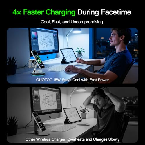 【Adjustable Blue Ambient Light】 Wireless Charger 3 in 1 for iPhone, Magnetic Charging Station for Apple Family,15W Fast MagSafe Charger Stand,for iPhone17-12-iWatch AirPods Series