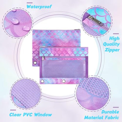 WAWSAM Mermaid Pencil Pouch for 3 Ring Binder, Binder Pencil Pouches for Girls with Zipper, Pencil Case with Clear Window, Cosmetic Bags for Office School College Supplies - color: Mermaid