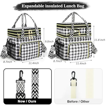 LOKASS Lunch Box for Women-16L-Insulated Lunch Bag Women, Expandable Double-layer Leakproof Cooler Bag with Upgrade Adjustable Shoulder Strap Ideal for Work/Travel/Picnics（Black&White Check） - color: Black&White Check