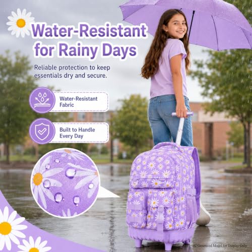 WZLVO 3PCS Girls Rolling Backpack, Water Resistance Roller Bookbag, Women Aesthetic Wheeled School Bag Set with Lunch Bag & Pencil Bag for Teens & Kids - Purple Chrysanthemum - color: 3pcs Girls Rolling Backpack - Purple Chrysanthemum