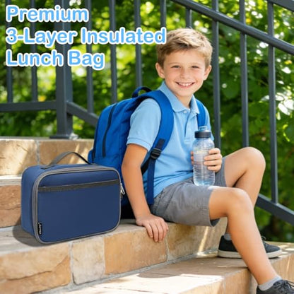 FlowFly Kids Lunch box Insulated Soft Bag Mini Cooler Back to School Thermal Meal Tote Kit for Girls, Boys,Cyan - color: Navy