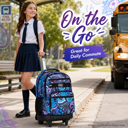 AGSDON Rolling Backpack for Girls, Women Roller Wheels Bookbag, Laptop Flower Wheeled School Bag with Wheels for Teens - color: Purple