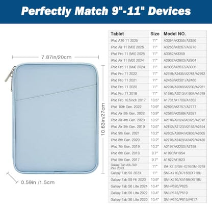 MoKo 9-11 Inch Tablet Sleeve Bag Carrying Case with Accessory Pocket | Fits iPad Air 11-inch M4, iPad Pro 11-inch M5, iPad A16 11-inch, iPad 10/9/8/7th and Tab S9/S8 11-inch, Misty Blue - color: Misty Blue, size: 9-11 Inch