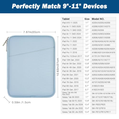 MoKo 9-11 Inch Tablet Sleeve Bag Carrying Case with Accessory Pocket | Fits iPad Air 11-inch M4, iPad Pro 11-inch M5, iPad A16 11-inch, iPad 10/9/8/7th and Tab S9/S8 11-inch, Misty Blue - color: Misty Blue, size: 9-11 Inch