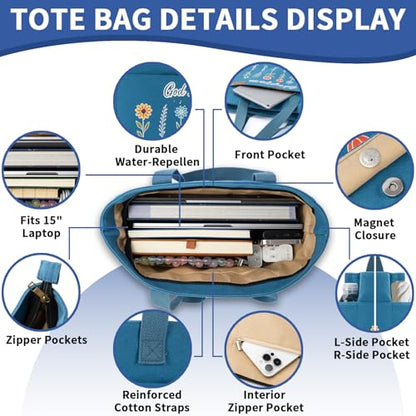 25 PCS Bible Study Supplies Kit, Large Capacity Canvas Tote Bag for Women Organizer, Bible Highlighters and Quick Dry Pens No Bleed Through, Notebook Bible Tabs Cross Bookmark Journaling Accessories - color: Blue