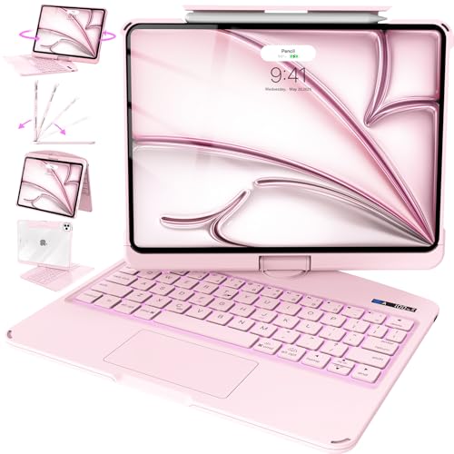 Intermerge for iPad 9th Generation 10.2" Case with Keyboard, 360° Rotating Multi-Touch Trackpad, 7-Color Backlit Keyboard, Transparent Back Shell, Compatible with iPad 9th(10.2inch,2021), Pink - color: Solid Pink, size: 9th 10.2"/8th/ 7th