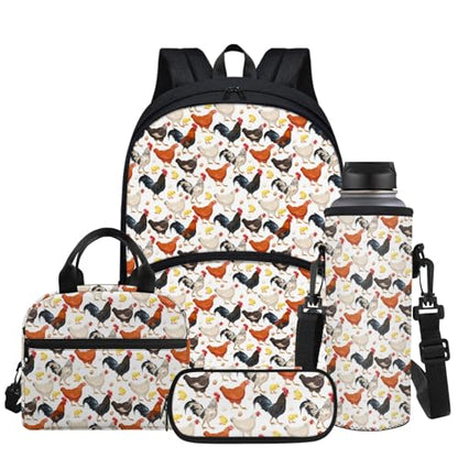 Chicken Rooster Backpack for Girls Funny Cock Print Schoolbag Casual Bookbag + Thermal Lunch Box + Water Bottle Carrier + Zipper Pencil Pen Holders - color: Chicken Rooster