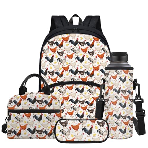 Chicken Rooster Backpack for Girls Funny Cock Print Schoolbag Casual Bookbag + Thermal Lunch Box + Water Bottle Carrier + Zipper Pencil Pen Holders - color: Chicken Rooster