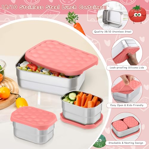 Homikit 3 Pack Kids Lunch Box Set, 18/10 Stainless Steel Bento Boxes with Silicone Lids Leak Proof, 5 Cups Reusable Metal Food Snack Containers for School Daycare, Nontoxic & Dishwasher Safe, Pink - color: Pink, size: Medium