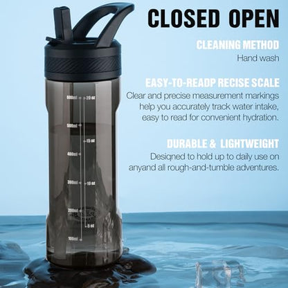 OLDLEY 20oz Kids Water Bottle with Straw, BPA-Free Tritan Water Bottle for School, Leakproof Clear Water Bottle with One Click Open, Measurement Scale, Cup Holder Friendly for Boys Girls,Black - color: A-Black