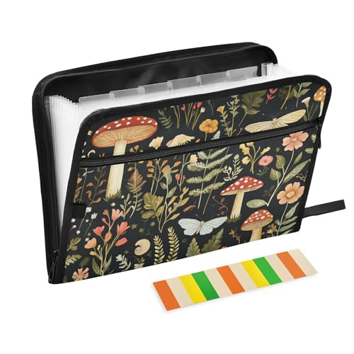 Mushroom Botanical Dragonflies Butterflies Expanding File Folder with Sticky Labels, 13 Pockets Accordion File Folder Document Organizer Expandable Zip File Folder with Zipper Closure - color: Mushroom Botanical Dragonflies Butterflies