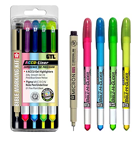 G.T. Luscombe Company, Inc. Accu-Gel/Pigma Micron Bible Marking Study Kit | No Bleed Solid Gel Ink Highlighter & Pigmented Ink | No Smearing or Fading | Long Lasting Bright Colors (Set of 5) - color: Marking Kit, size: 5 Count (Pack of 1)