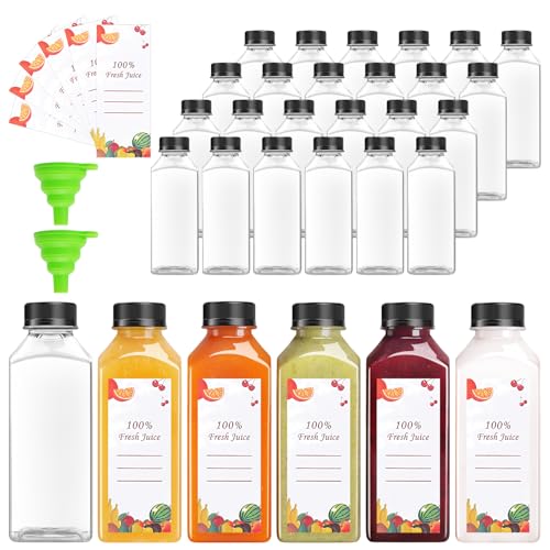 OBKJJ 80pcs 12oz Pcs Juice Bottles, Juice Bottle with Caps Reusable Empty Clear Bottles with Label, Funnel, Brush Bulk Beverage Containers for Juicing, Drinking, Smoothie and Other Beverages (12oz) - size: 12oz