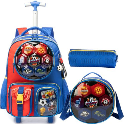 Meetbelify Kids Rolling Backpack with Wheels for Boys Rolling Backpacks with Lunch Box for Elementary School Students 3 in 1 Travel Luggage Suitcase for Boys Age 8-10 - color: Football Blue Red