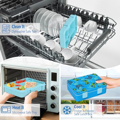 Chill Lunch Box Kids, Leak Proof Adult Bento Box with Ice Pack, 6 Compartment Lunch Container with Utensils for Girl Boy Back to School, 5.5-Cup Capacity, Dishwasher Safe, BPA Free - color: Blue-Game
