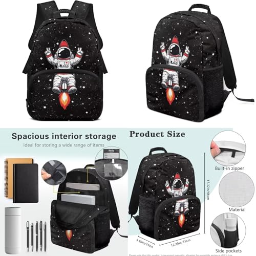 17 Inch Kid's 4PCS Backpack Set, Back to School Essentials | Insulated lunch box, water bottle pouch, pencil case, lightweight, padded shoulder straps, for elementary, middle school - color: Cartoon Astronaut