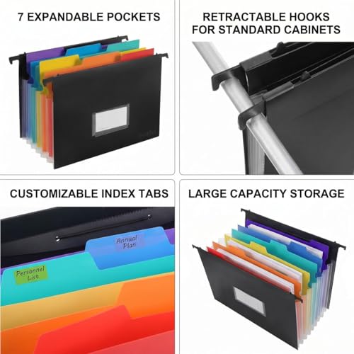 Expanding Hanging File Folders Extra Capacity Filing Folders 13 Accordion Pockets Accordian Plastic Heavy Duty Black Organizer File