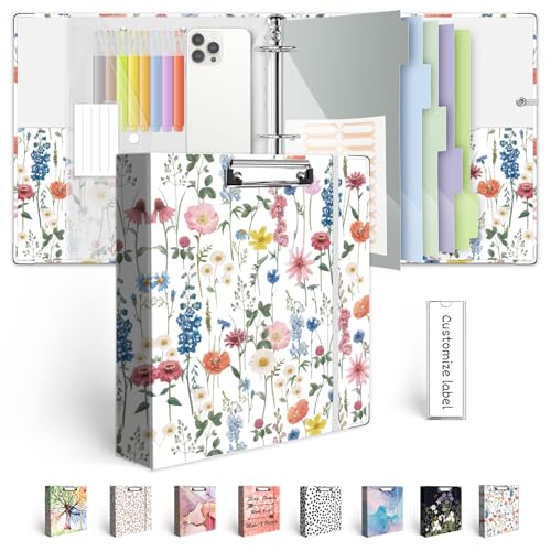 3 Ring Binder 2 Inch for 8.5"x11" Paper, Three Ring Binders with Clipboard, 5 Dividers with Tabs and Pockets, Plastic Folder, 18 Divider Stikers,Cute Binder with Pen Holder,Blue Bloom - color: Blue Bloom, size: 2in（Letter Size）