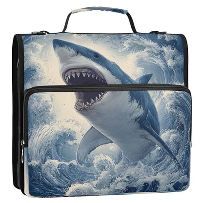 3 Ring Zipper Binder Ocean Wave Shark Binders Bag with Shoulder Strap 500 Sheets Paper Organizer Trapper Keeper Documents Storage File Folder for School Office - color: A2398