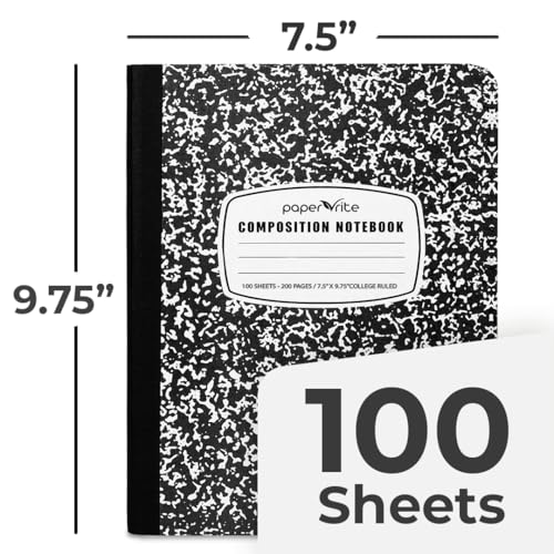 6 Pack Composition Notebook College Ruled Bulk, 200 Pages (100 Sheets), 9-3/4 x 7-1/2", Hard Cover College Ruled Notebook Bulk, Black Marble Composition Notebooks, Bulk School Notebooks
