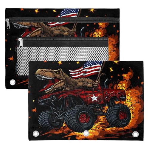 Truck Dinosaur Pencil Pouch for 3 Ring Binder American Flag Pencil Case Bag with Clear Window Zipper Pockets for Kids Girls Boys Students School College Supplies 2 Pack - color: Red Orange