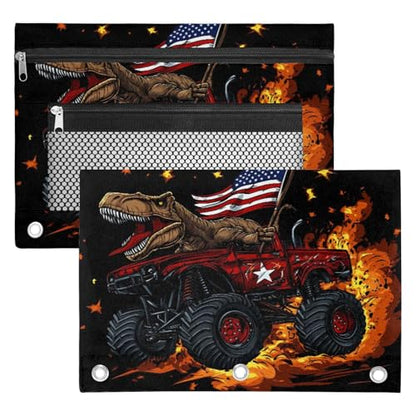 Truck Dinosaur Pencil Pouch for 3 Ring Binder American Flag Pencil Case Bag with Clear Window Zipper Pockets for Kids Girls Boys Students School College Supplies 2 Pack - color: Red Orange