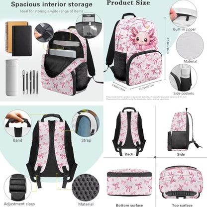 Kids Bookbag & Insulated Lunch Bag & Pencil Case Set for Elementary School, Axolotl 3-Piece Matching Backpack Lunchbox Pouch for Girls, Lightweight Waterproof Student Supplies - color: Pink Bows-axolotl