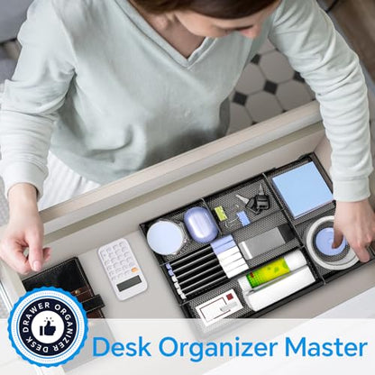 Desk Drawer Organizer, Office Drawer Divider Organizer Tray with 6 Compartments, Metal Mesh Desktop Organization and Accessories for Stationery Makeup Kitchen Toolroom School ＆Office, 12.6x8.27x1.6 in - size: Large