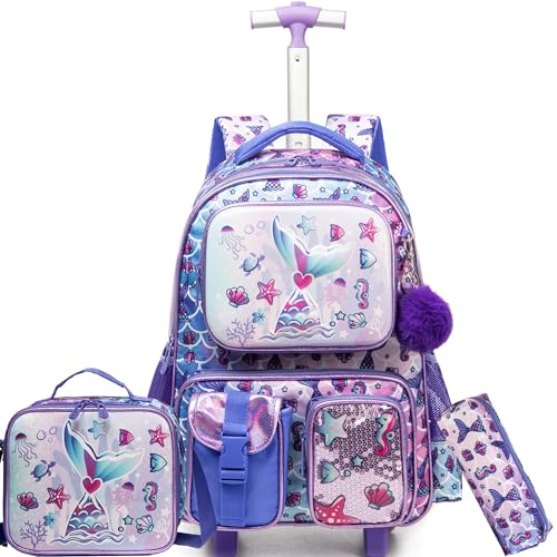 Meetbelify Mermaid Rolling Backpack with Wheels for Girls Rolling Backpacks with Lunch Box for Elementary School Students 3 in 1 Kids Travel Luggage Suitcase for Girls Age 8-10 - color: Girl 05