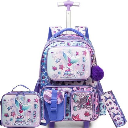 Meetbelify Mermaid Rolling Backpack with Wheels for Girls Rolling Backpacks with Lunch Box for Elementary School Students 3 in 1 Kids Travel Luggage Suitcase for Girls Age 8-10 - color: Girl 05