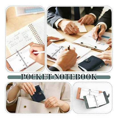 Yitexin Small Leather Refillable Journal with Snap Button, 3.46" x 3.54" Handmade Leather Travelers Notebook, Vintage 3-Ring Binder Planner 60 Sheets Paper for Business Office Writing (Dark Green)