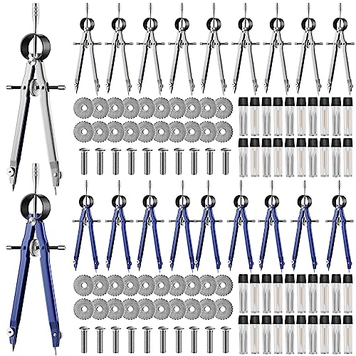 Zonon Professional Compass for Geometry, Metal Drawing Compass Drafting Tool Back to School Supplies with Extra Refills for Office Drafting Drawing Woodworking, Silver, Blue(20 Pieces)