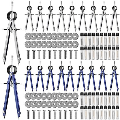 Zonon Professional Compass for Geometry, Metal Drawing Compass Drafting Tool Back to School Supplies with Extra Refills for Office Drafting Drawing Woodworking, Silver, Blue(20 Pieces)